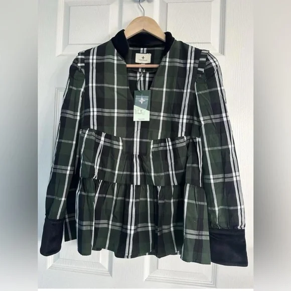 Tuckernuck Bristol Tartan Plaid Peplum Top XS Green Velvet Collar NWT - Picture 4 of 10